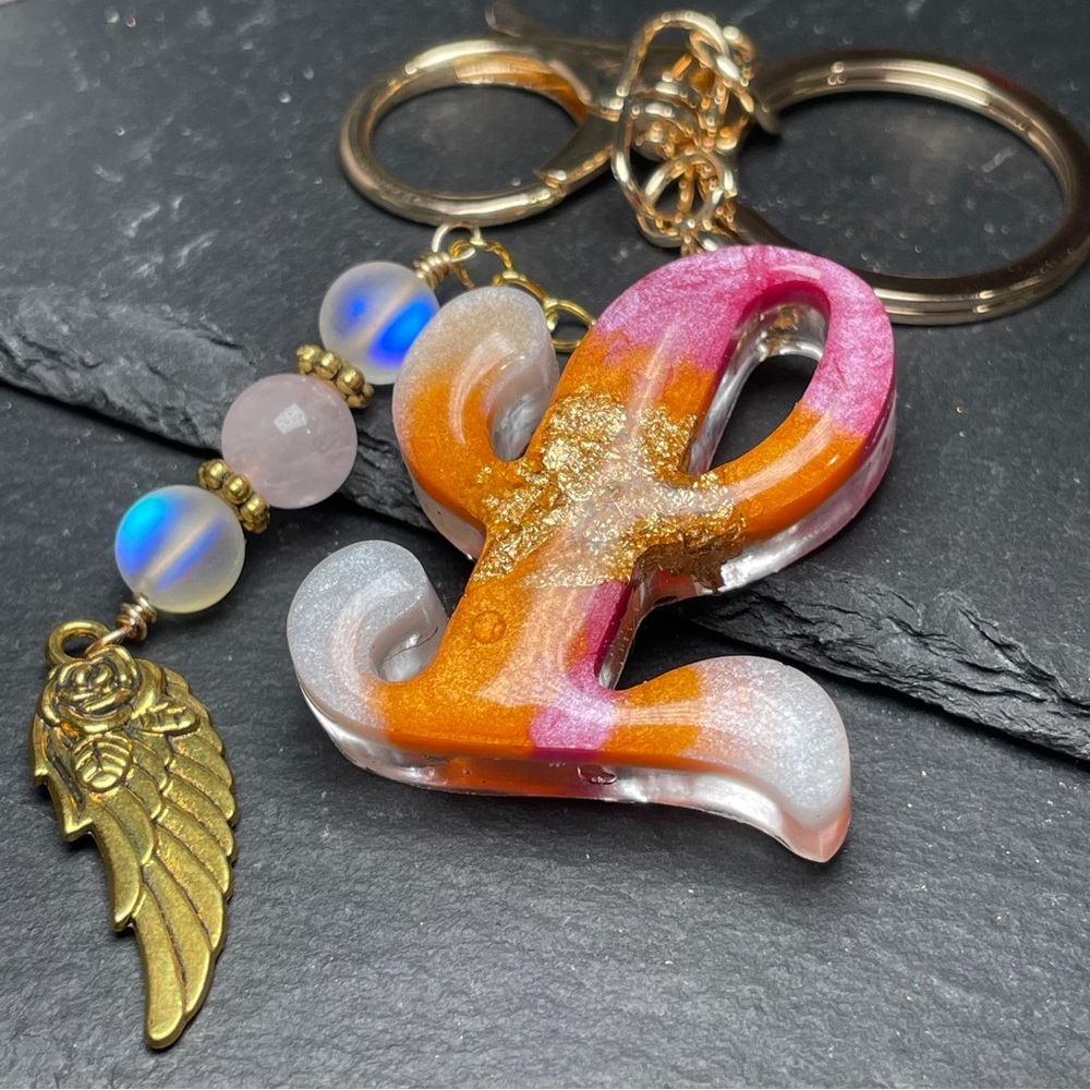 Custom Rose Quartz Initial Letter “ L” Keychain with Gold Accents - Picture 5 of 5